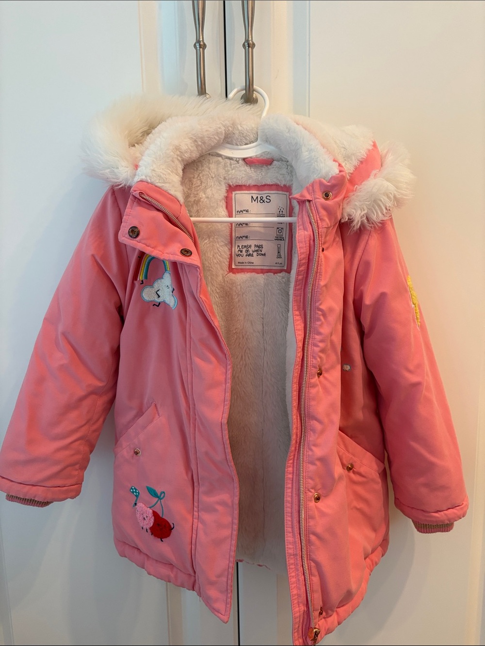 M&S Girls' Pink Fleece-Lined Hooded Coat